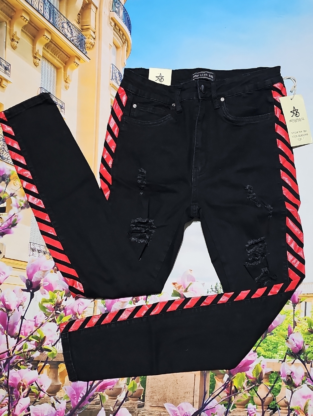 American Bazi Distressed Black Red Jeans Size 7 NWT